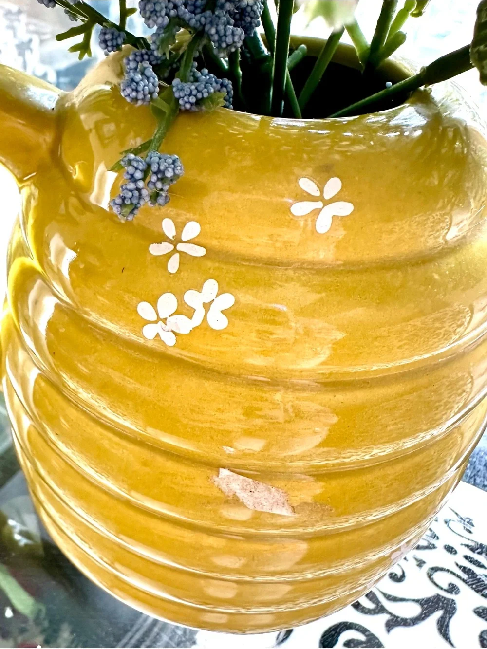 Yellow Ceramic Bee Hive Watering Can Vase with Blue & White Floral Accents 10x10